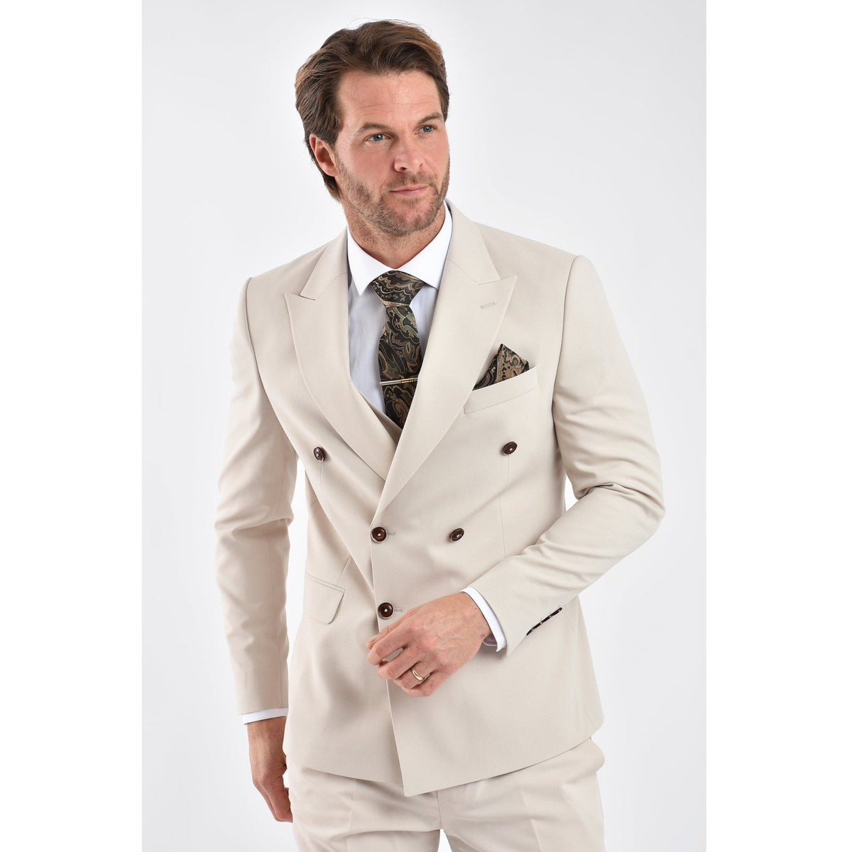 CB Napless Tailored Slim Fit Smooth Textured Double Breasted 2 Piece Suit - Beige