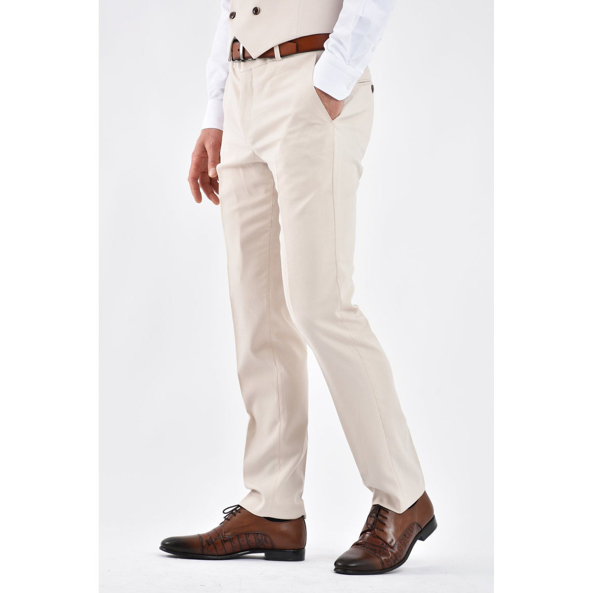 CB Napless Tailored Slim Fit Smooth Textured Double Breasted 2 Piece Suit - Beige