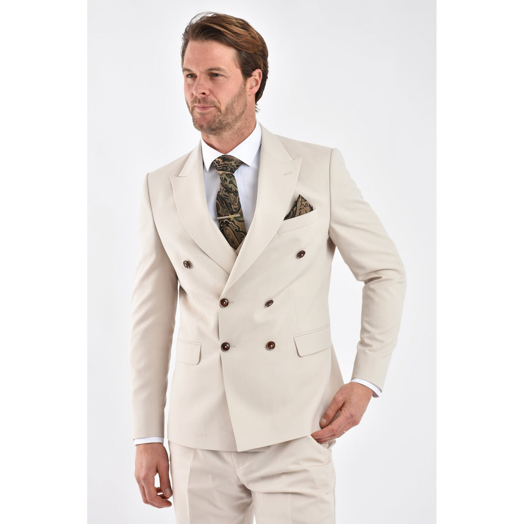CB Napless Tailored Slim Fit Smooth Textured Double Breasted 2 Piece Suit - Beige