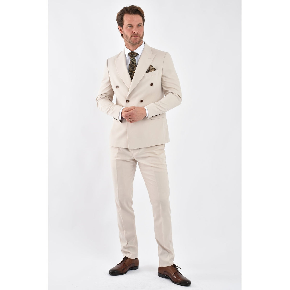 CB Napless Tailored Slim Fit Smooth Textured Double Breasted 2 Piece Suit - Beige