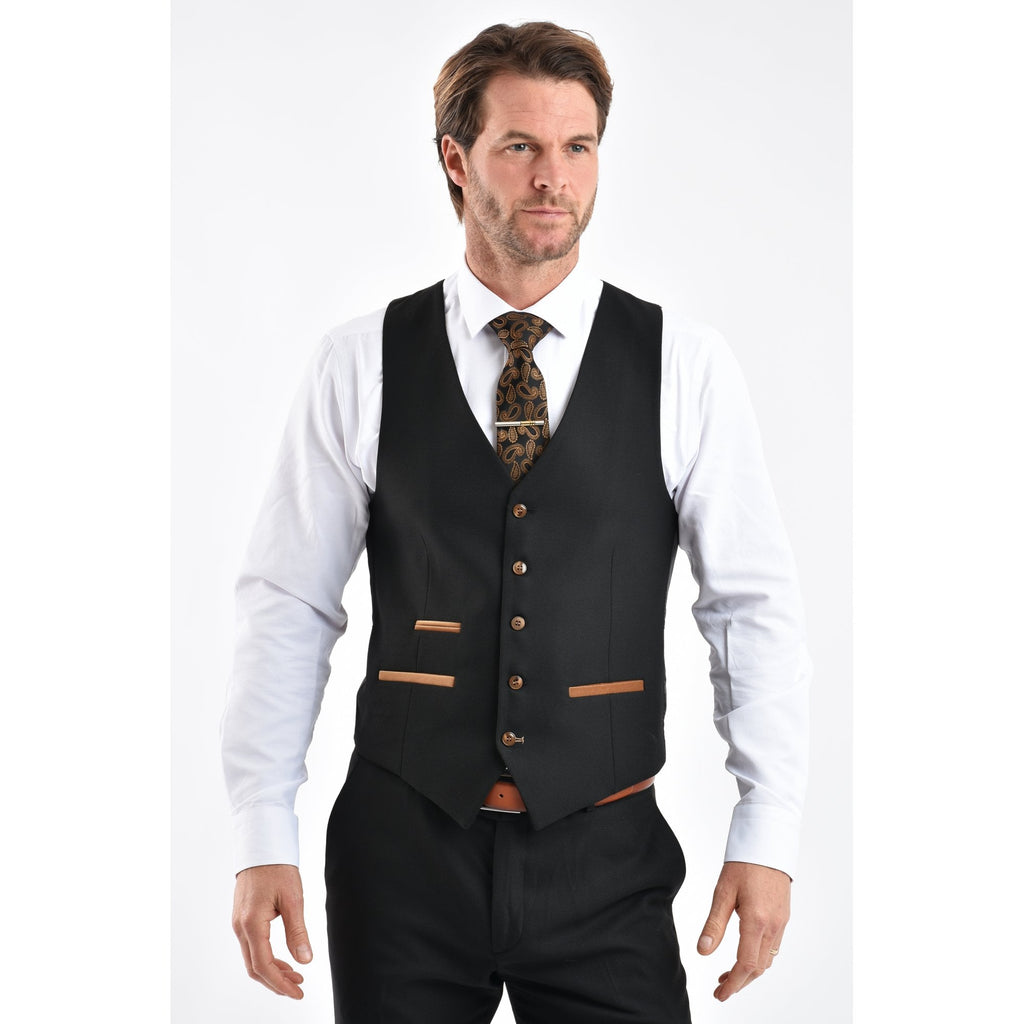 CB Belfast Tailored Slim Fit Plain Smooth Textured Suede Trims Waistcoat - Black