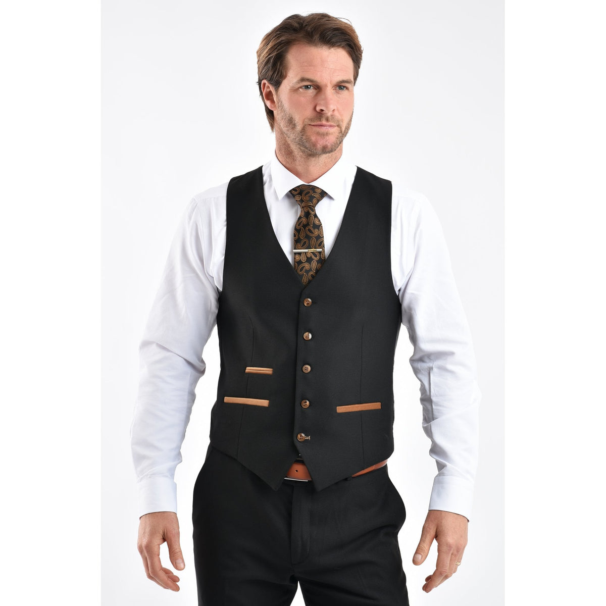 CB Belfast Tailored Slim Fit Plain Smooth Textured Suede Trims Waistcoat - Black