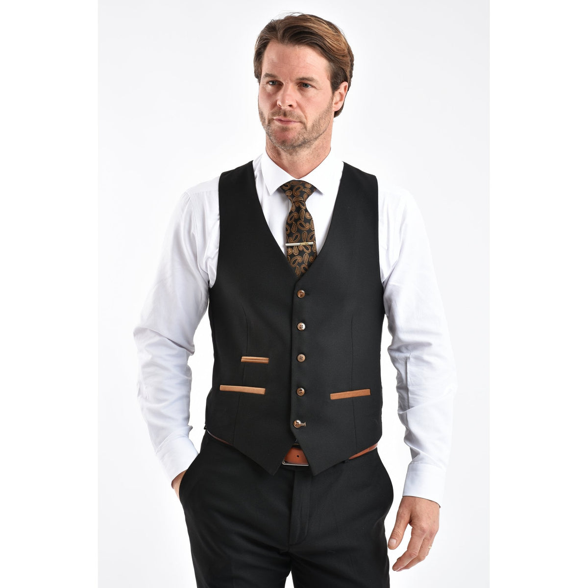 CB Belfast Tailored Slim Fit Plain Smooth Textured Suede Trims Waistcoat - Black