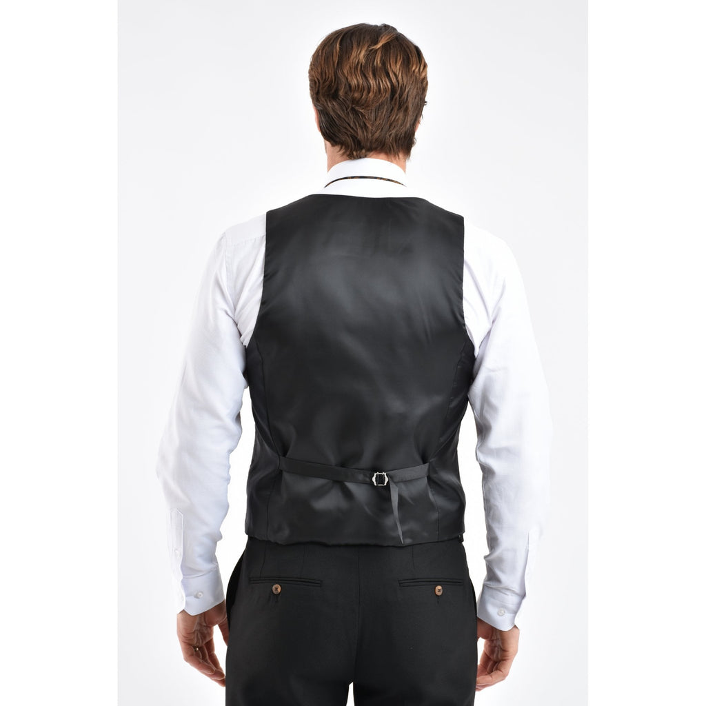 CB Belfast Tailored Slim Fit Plain Smooth Textured Suede Trims Waistcoat - Black