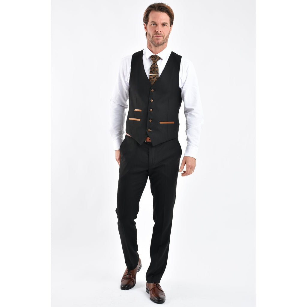 CB Belfast Tailored Slim Fit Plain Smooth Textured Suede Trims Waistcoat - Black