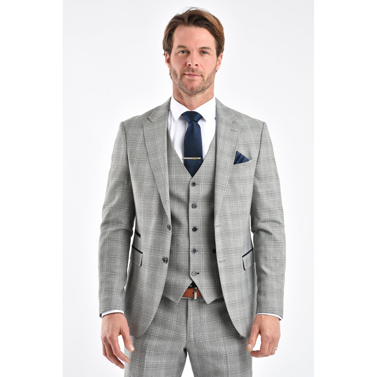 CB Dublin Tailored Slim Fit Contrast Houndstooth Check Blazer - Navy/Grey/White