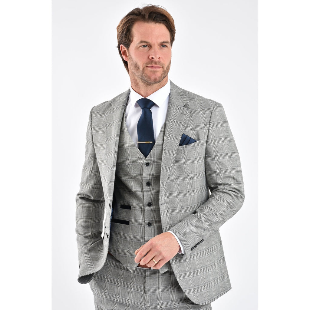CB Dublin Tailored Slim Fit Contrast Houndstooth Check Blazer - Navy/Grey/White