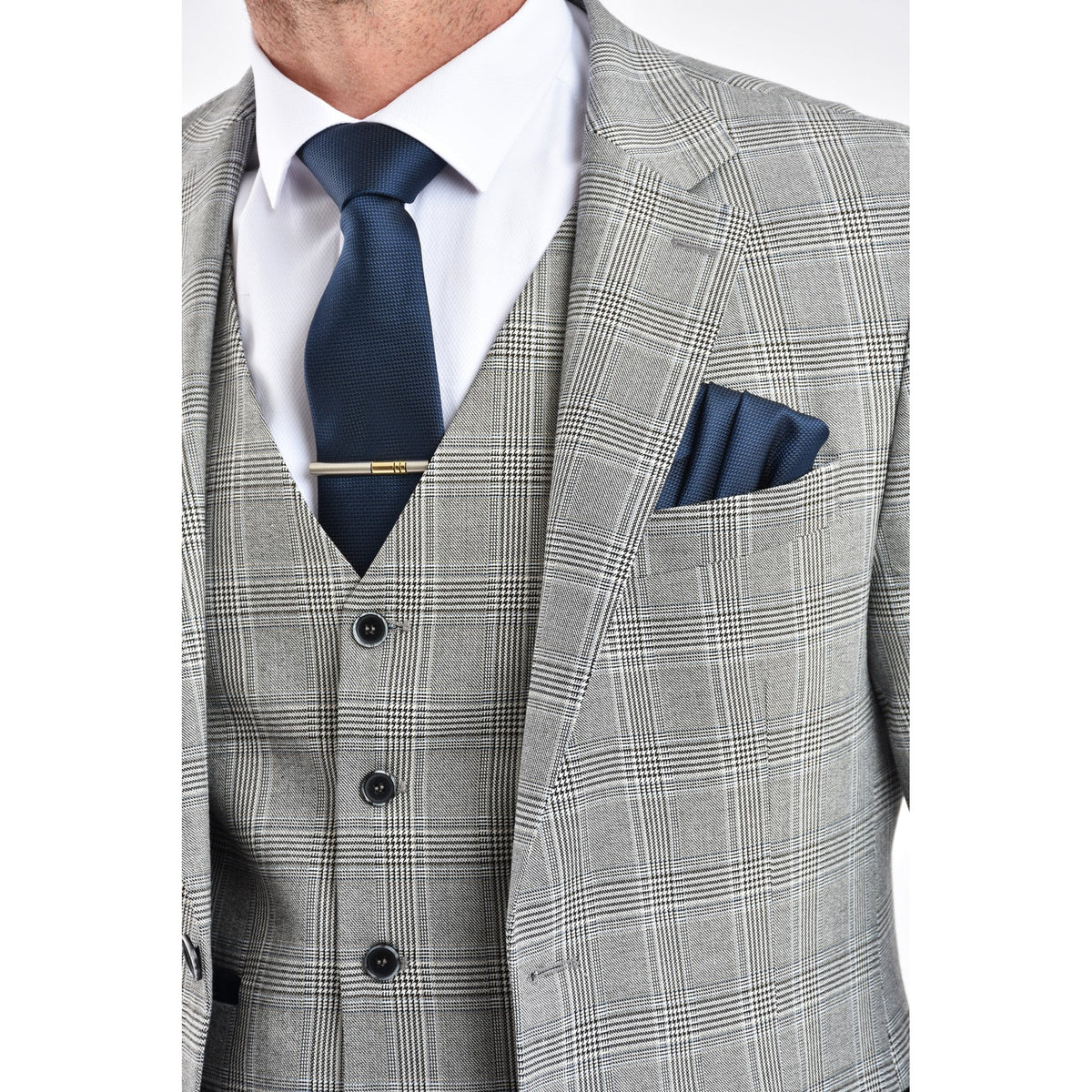 CB Dublin Tailored Slim Fit Contrast Houndstooth Check Blazer - Navy/Grey/White