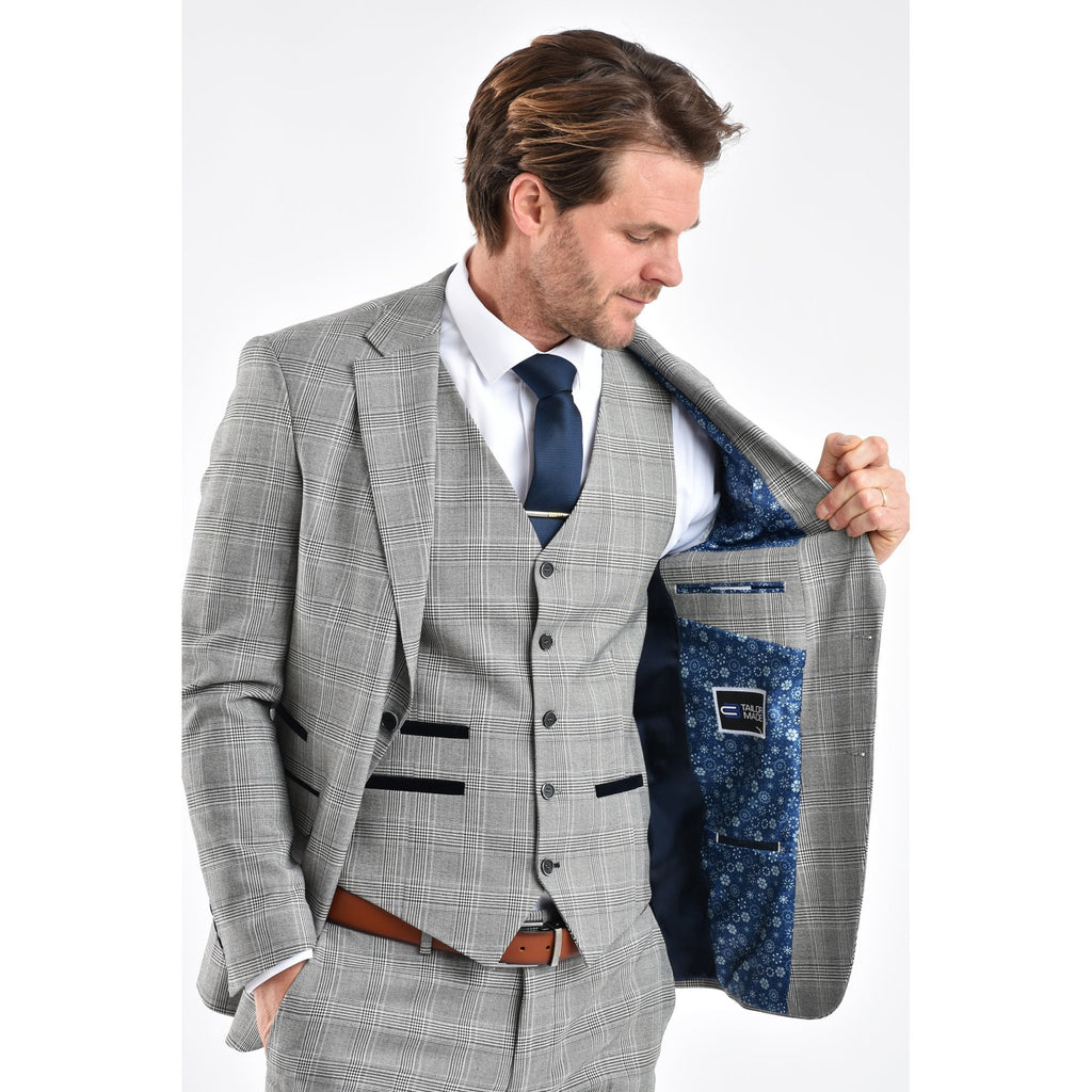 CB Dublin Tailored Slim Fit Contrast Houndstooth Check Blazer - Navy/Grey/White