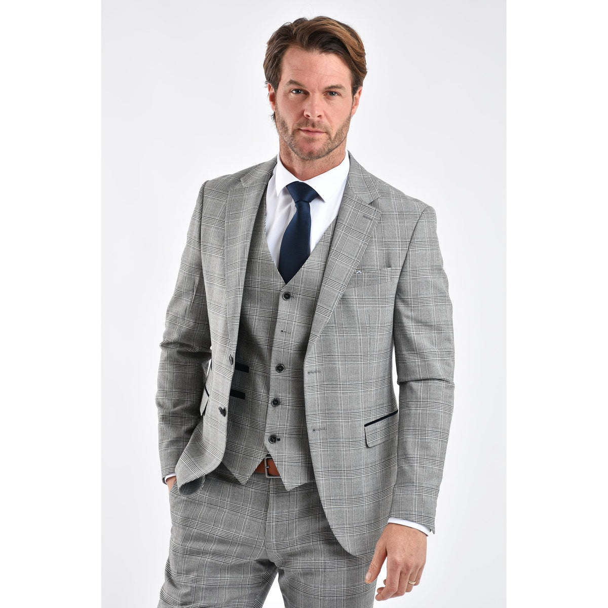 CB Dublin Tailored Slim Fit Contrast Houndstooth Check Blazer - Navy/Grey/White