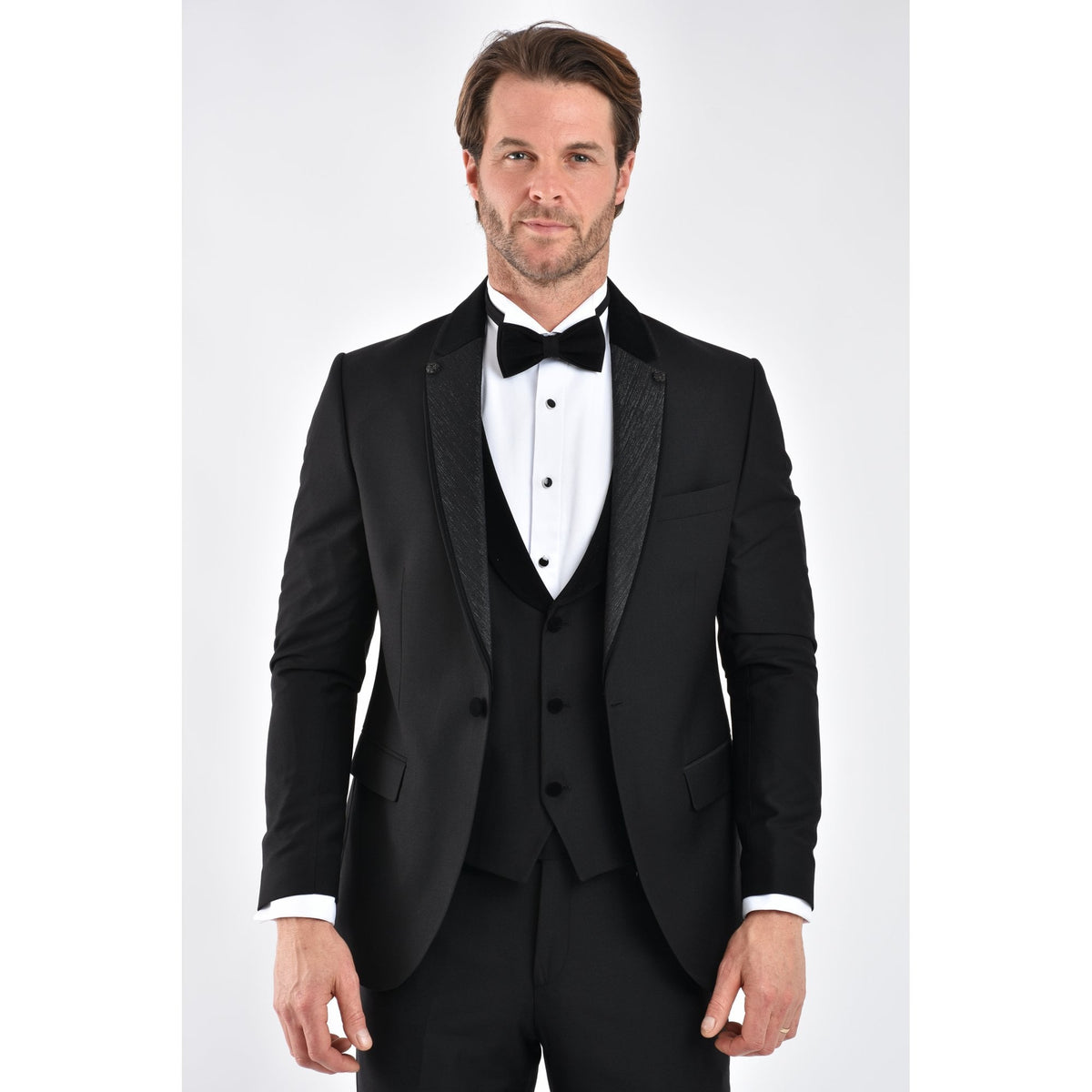 CB Navada Tailored Slim Fit Contrast Plain Satin Tuxedo 3 Piece Suit - Black