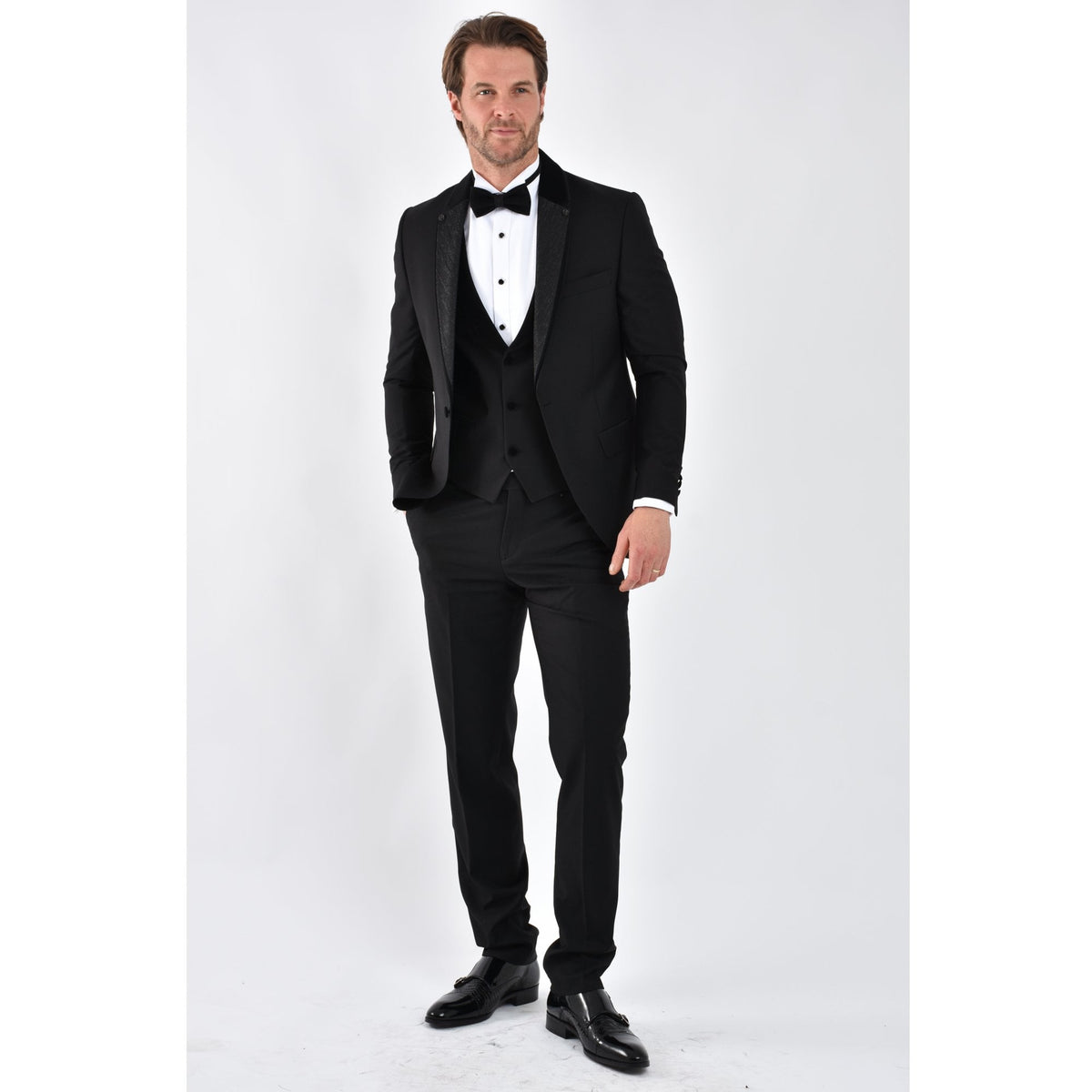 CB Navada Tailored Slim Fit Contrast Plain Satin Tuxedo 3 Piece Suit - Black