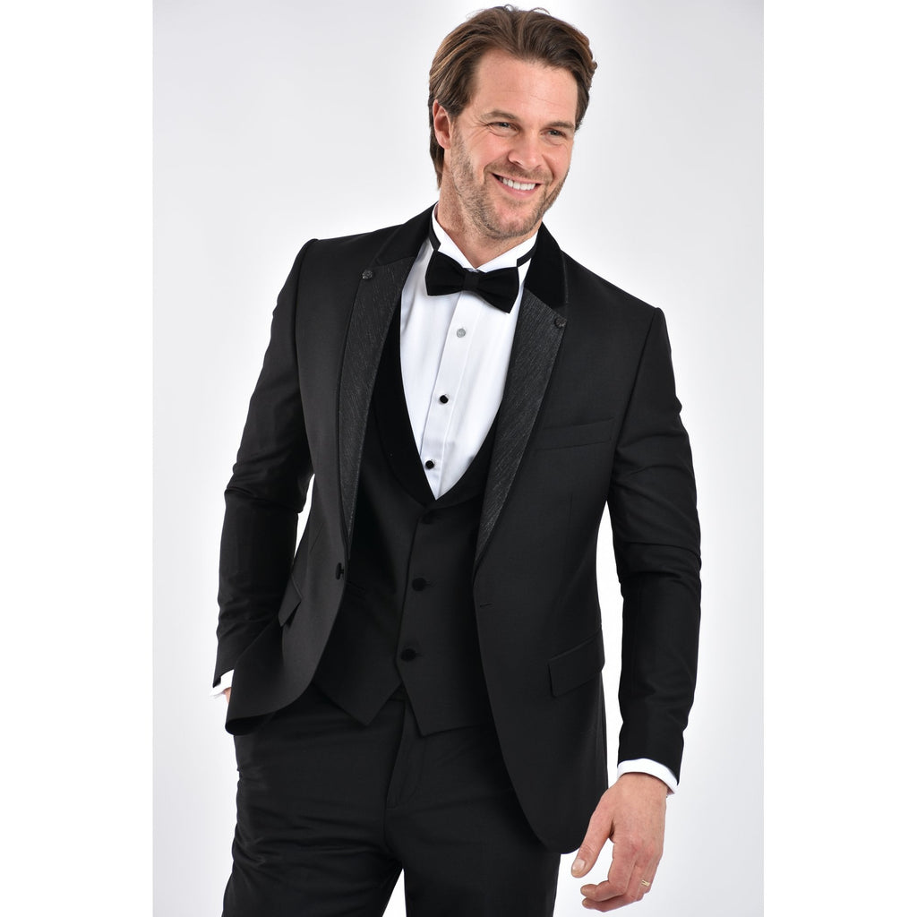 CB Navada Tailored Slim Fit Contrast Plain Satin Tuxedo 3 Piece Suit - Black