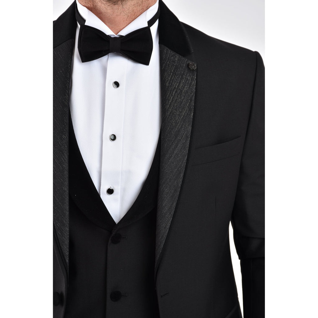 CB Navada Tailored Slim Fit Contrast Plain Satin Tuxedo 3 Piece Suit - Black