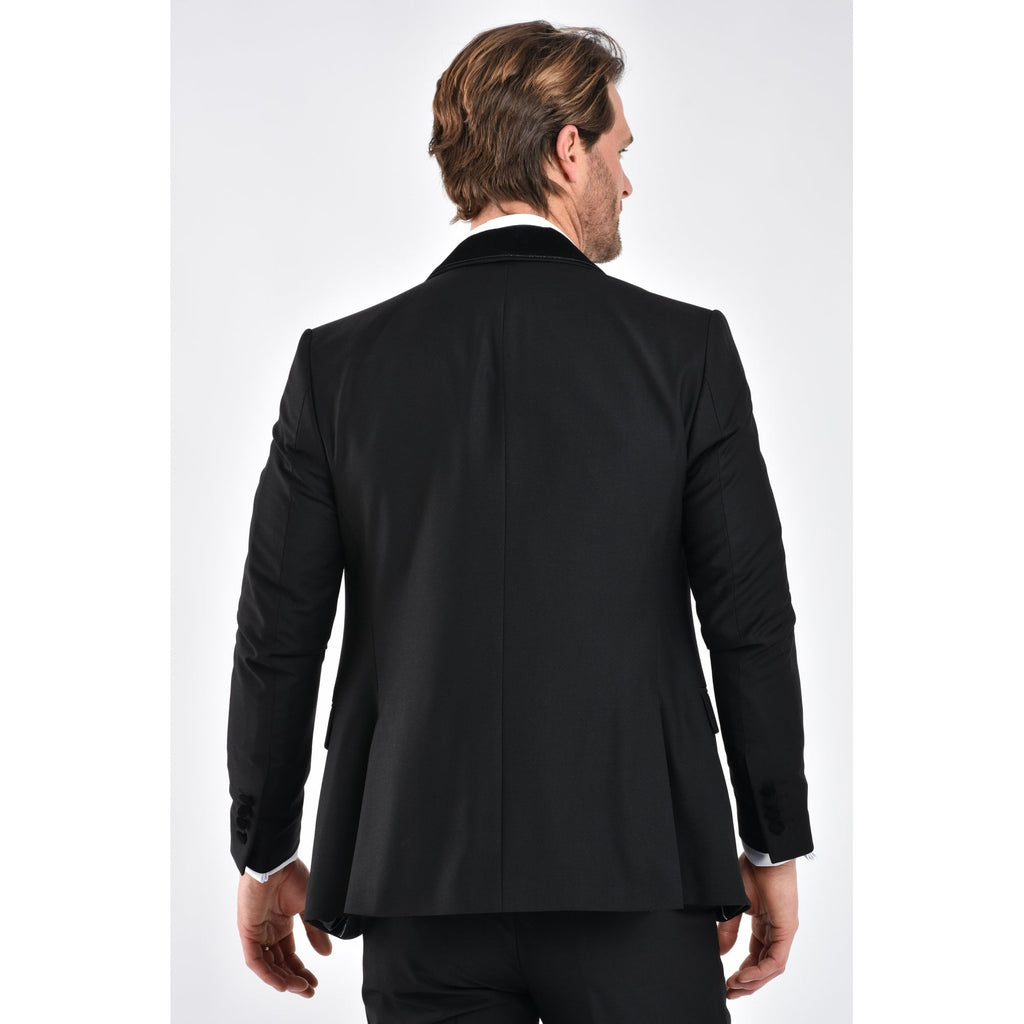 CB Navada Tailored Slim Fit Contrast Plain Satin Tuxedo 3 Piece Suit - Black