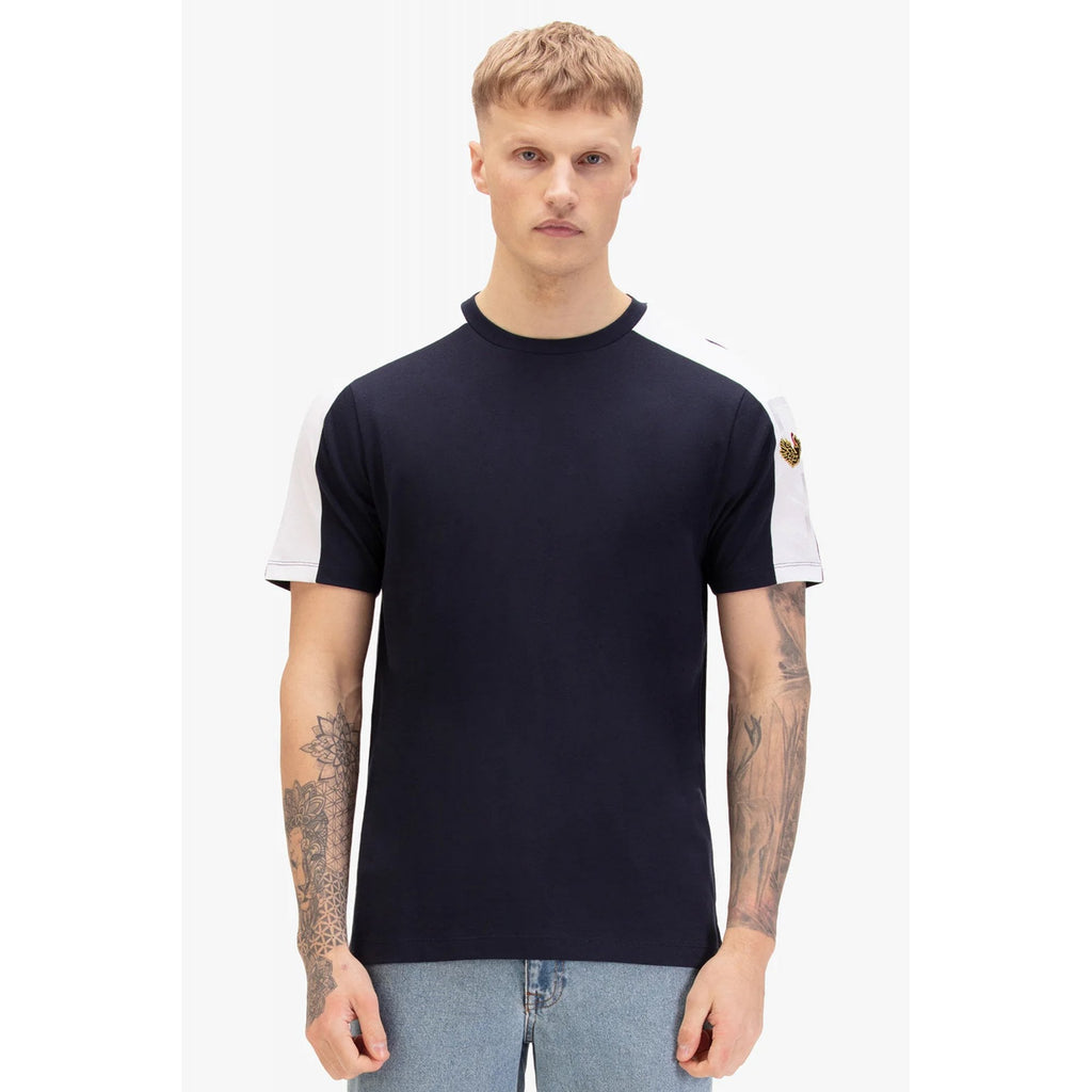 Luke | Elhain M830163 White Panel Tape Half Sleeve T-Shirt - Dark Navy