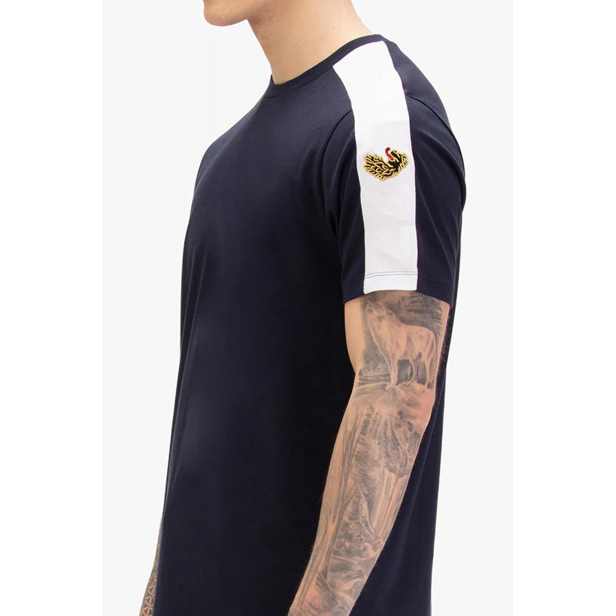 Luke | Elhain M830163 White Panel Tape Half Sleeve T-Shirt - Dark Navy