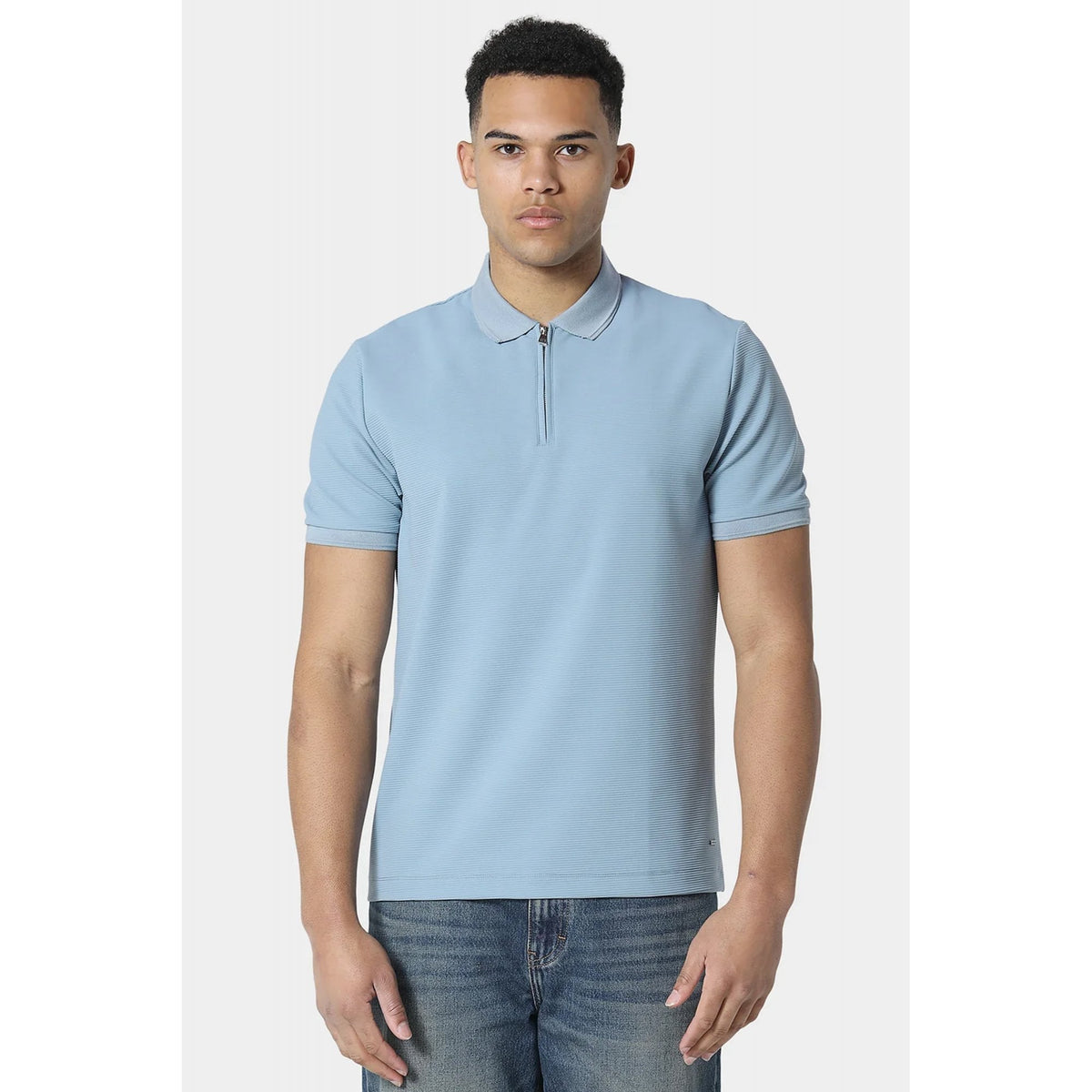 Police Glace 9940 1/4 Quarter Zip Subtle Textured Detail Half-Sleeve Polo T-Shirt - Soft Blue