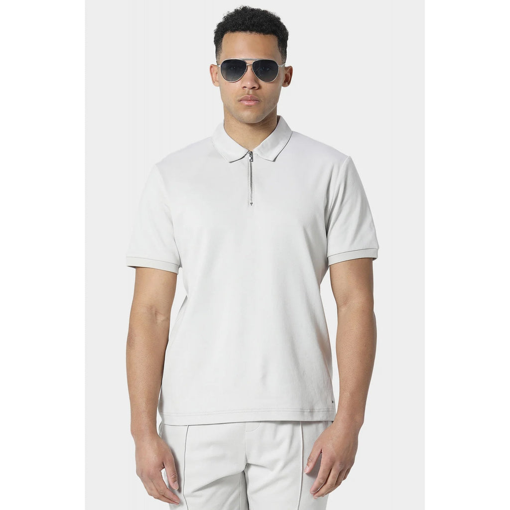 Police Kitmat 1/4 Quarter Zip Poly Plain Half-Sleeve Polo T-Shirt - Light Grey
