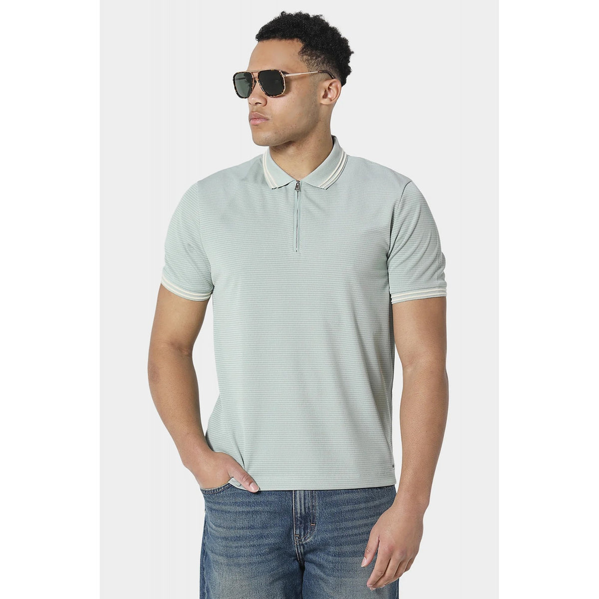 Police Brockville 1/4 Quarter Zip Poly Textured Design Tipped Polo T-Shirt - Pale Mint Aqua