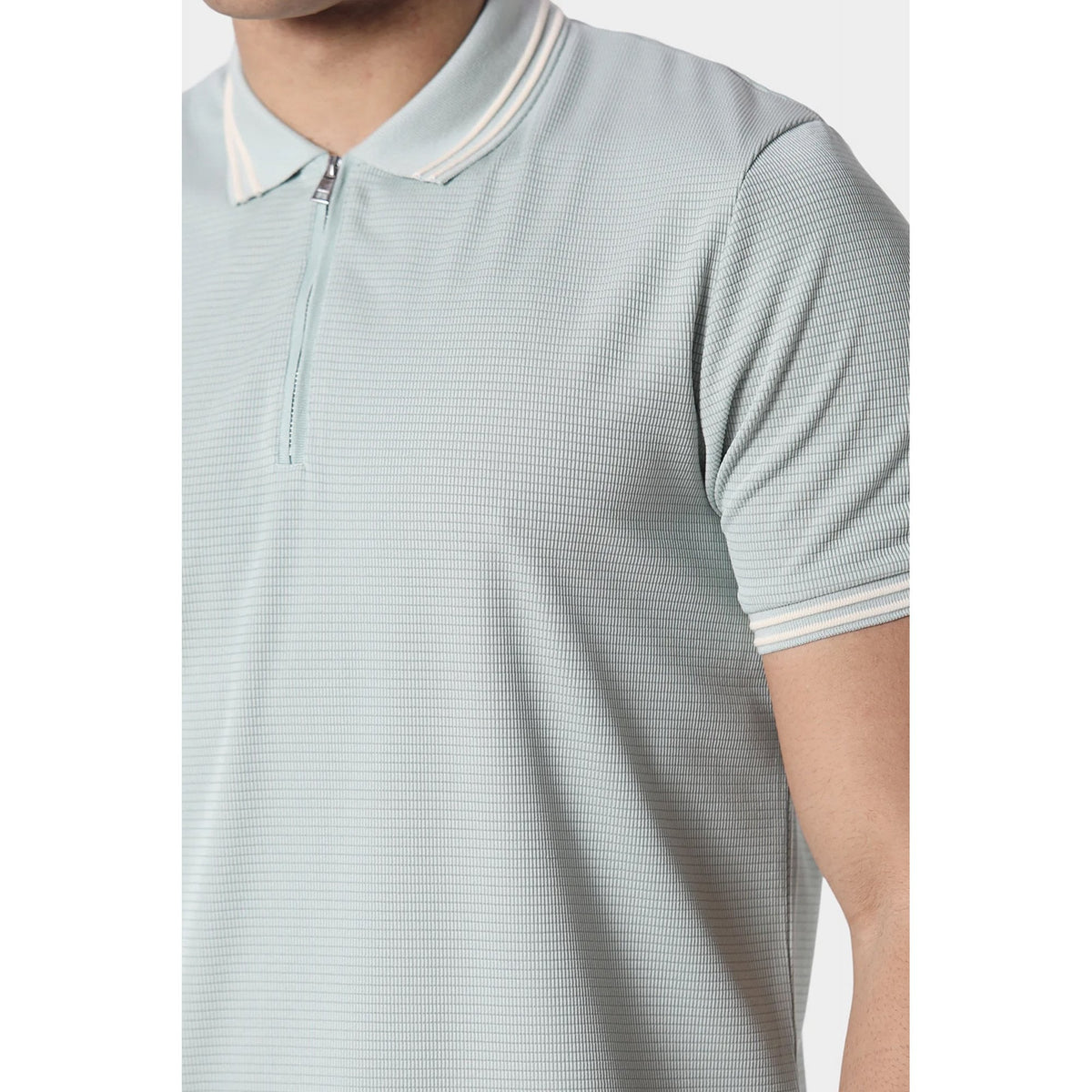Police Brockville 1/4 Quarter Zip Poly Textured Design Tipped Polo T-Shirt - Pale Mint Aqua