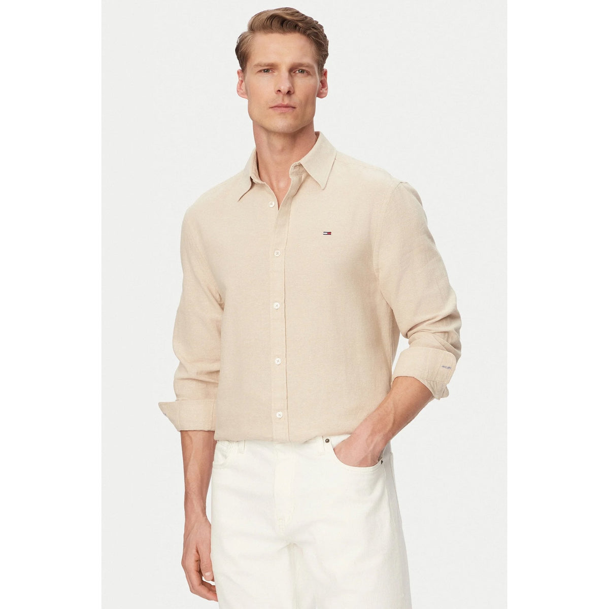 Tommy Jeans | DM22761 Regular Fit Linen Cotton Blend Small Flag Logo Shirt - Gentle Beige Gold