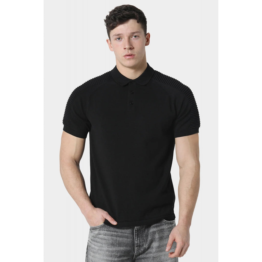 Police Salle 1275 Knitted Ribbed Biker Shoulder Detail Half Sleeve Polo T-Shirt