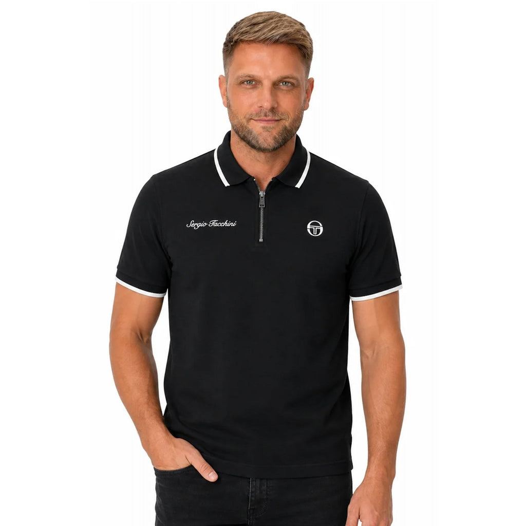 Sergio Tacchini | Davide 1311 Contrast Ribbed Tipping Quarter-Zip Polo T-Shirt - Black