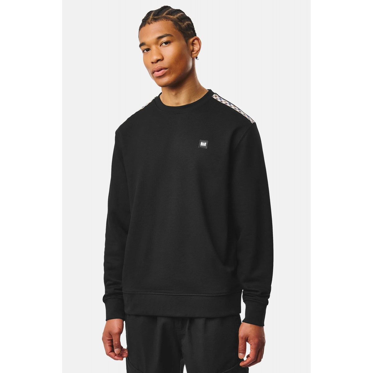 Weekend Offender 3B14 Beida Mid-House Check Panel Cotton Sweat Top - Black