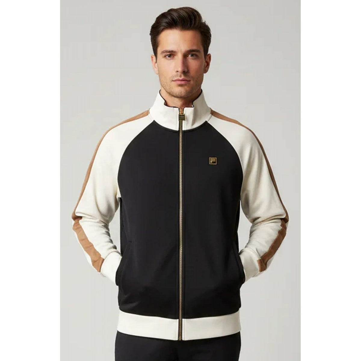 Fila Cory MG003 Vintage Colour Block Panel Piping Track Top - Black/White Down/Raw Umber