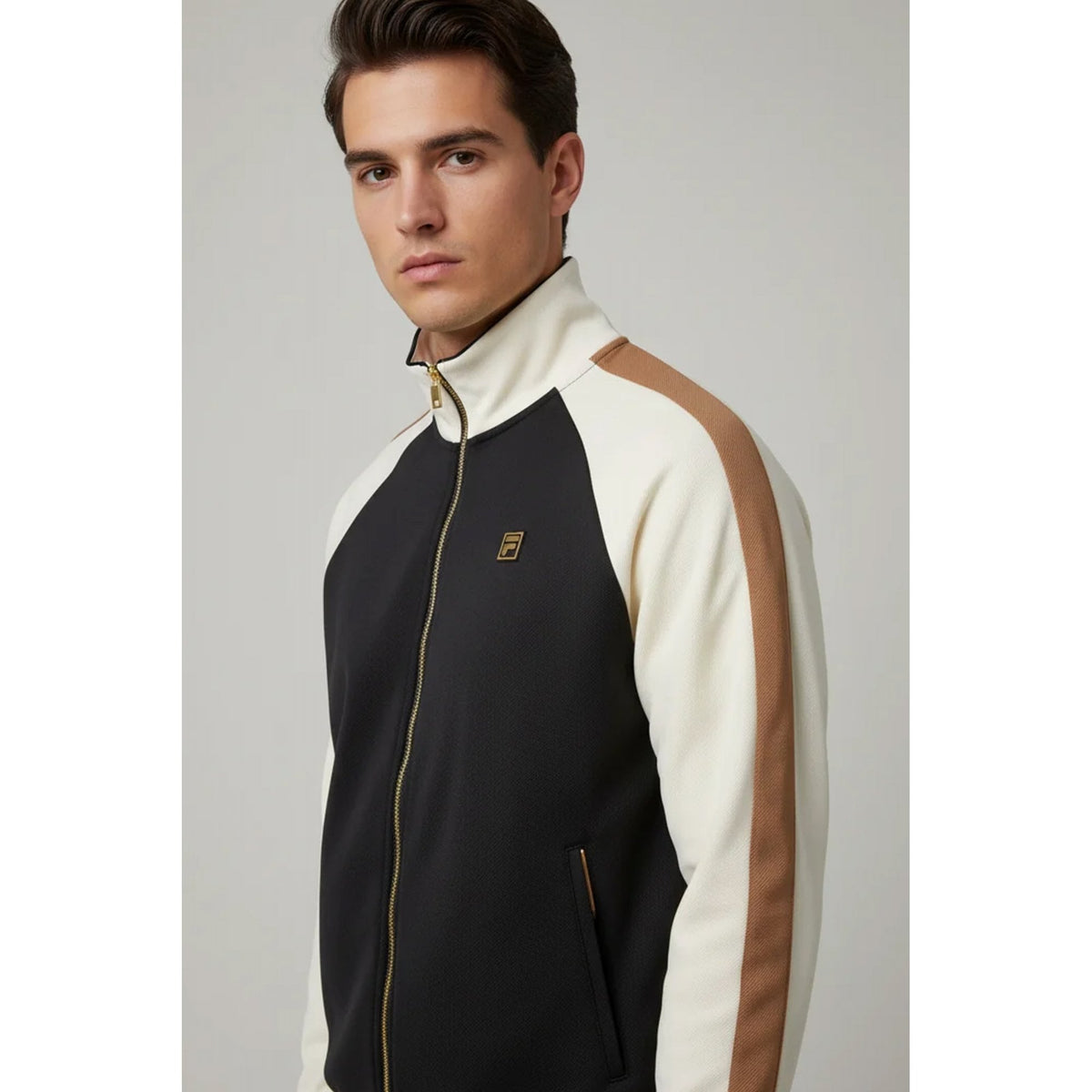 Fila Cory MG003 Vintage Colour Block Panel Piping Track Top - Black/White Down/Raw Umber