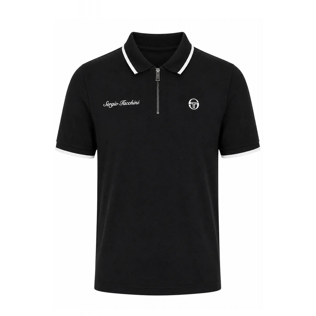 Sergio Tacchini | Davide 1311 Contrast Ribbed Tipping Quarter-Zip Polo T-Shirt - Black
