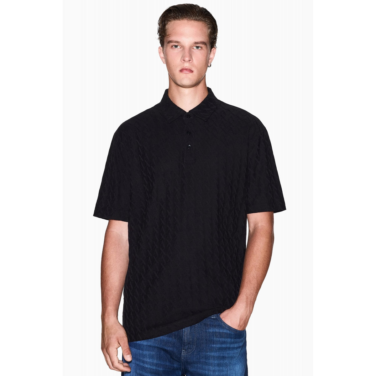Armani Exchange | AX XM001292 AF10337 All-over Repeat Logo Pattern Print Cotton Polo T-Shirt - Black