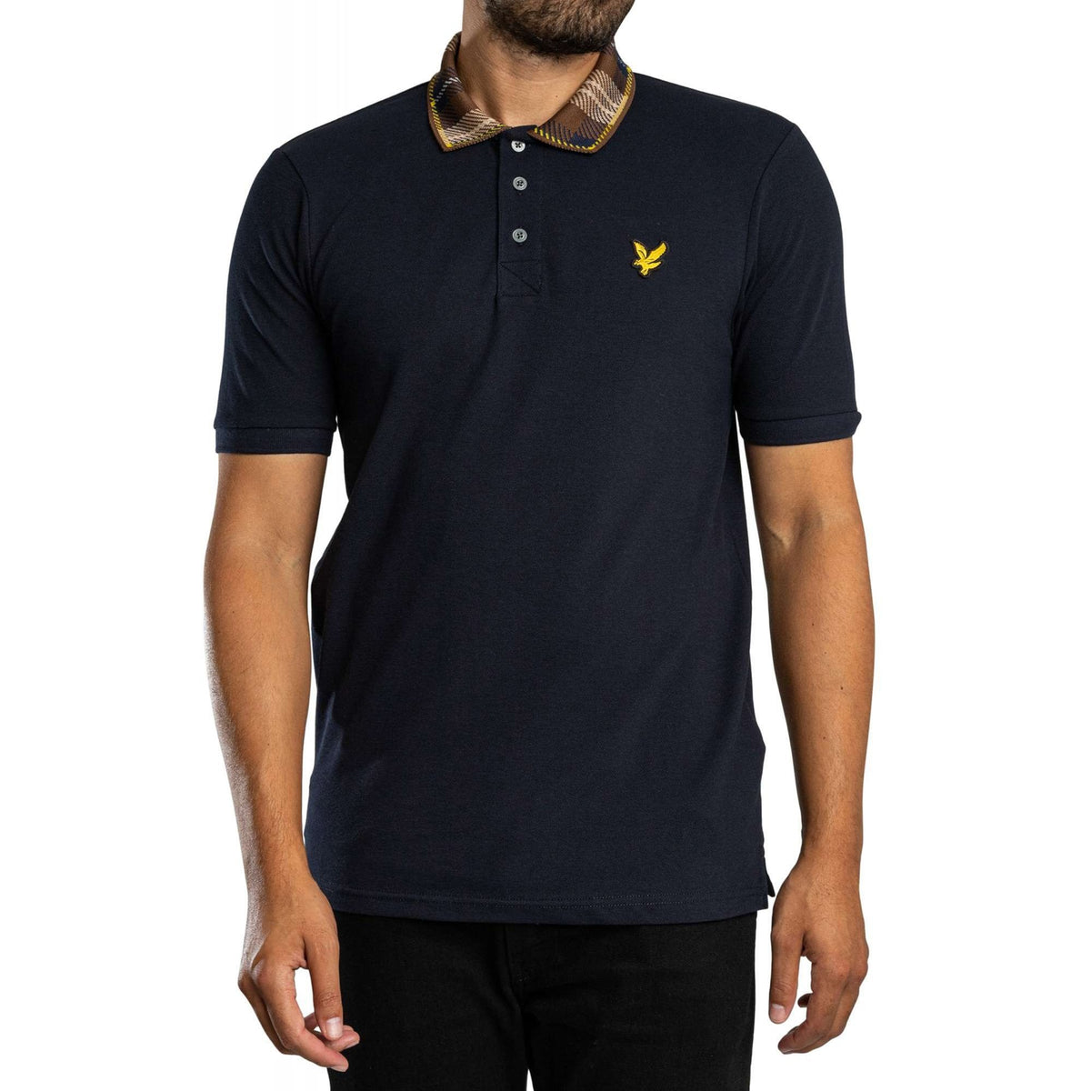 Lyle & Scott SP2531V Tartan Contrast Check Collar Pique Polo T-Shirt - Dark Navy