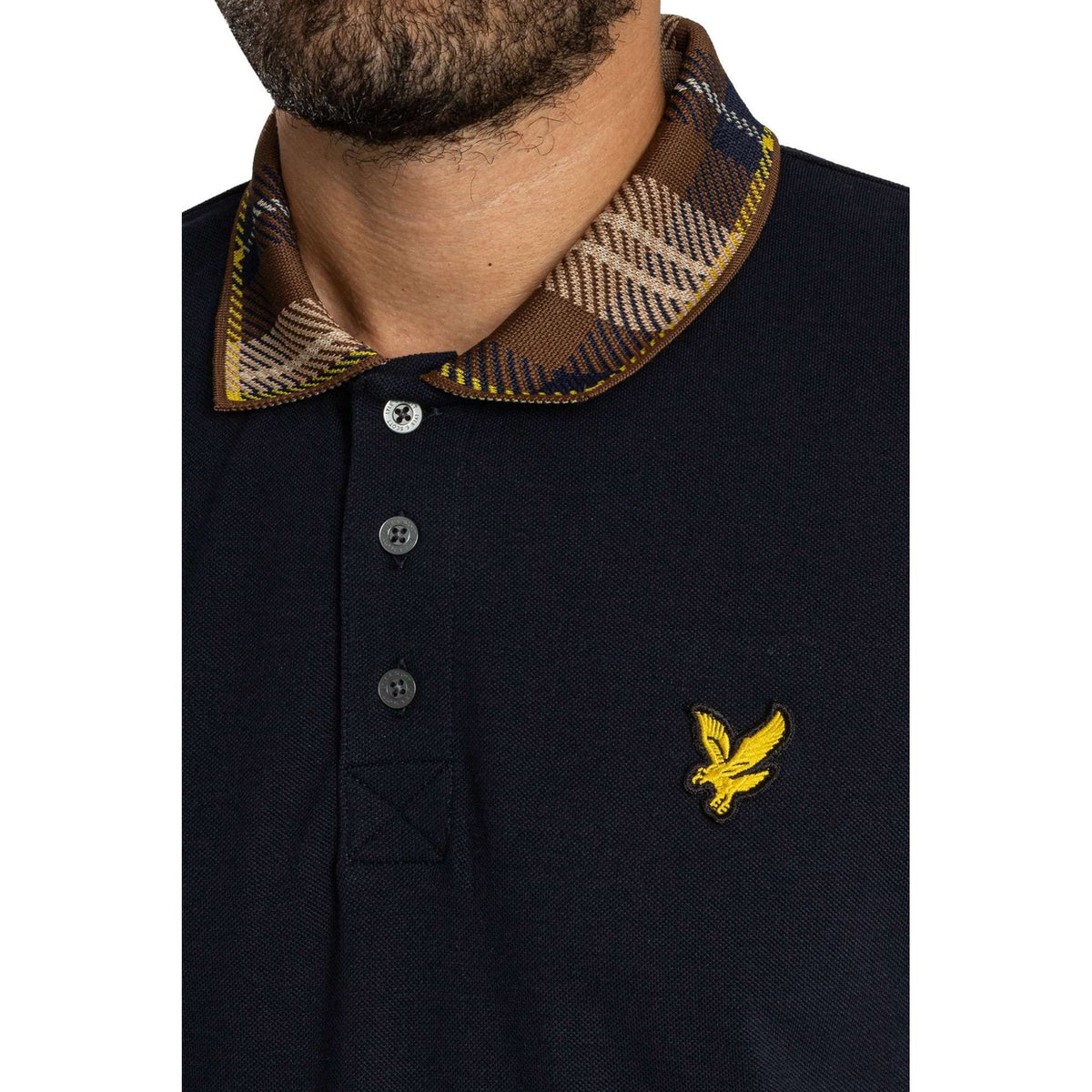 Lyle & Scott SP2531V Tartan Contrast Check Collar Pique Polo T-Shirt - Dark Navy
