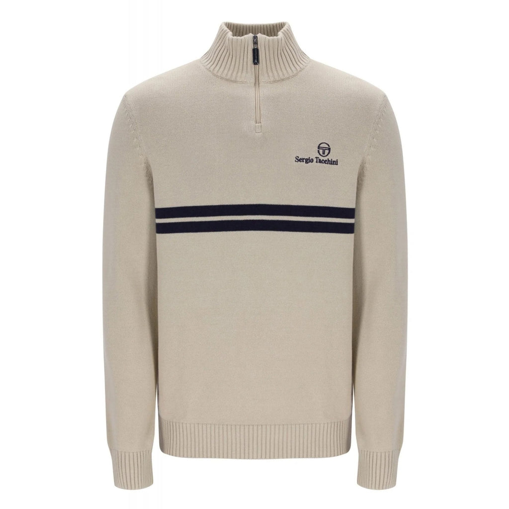 Sergio Tacchini | New Dallas 1/4 Zip 1392 Classic Contrast Double Stripe Cotton Knitted Jumper - Peyote Beige