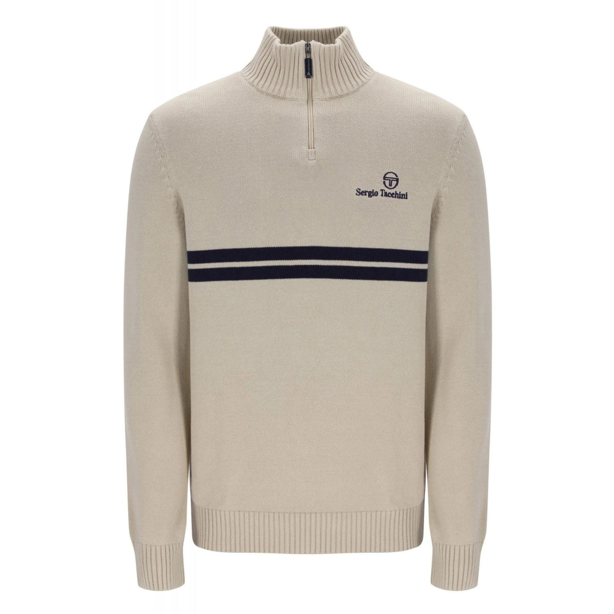 Sergio Tacchini | New Dallas 1/4 Zip 1392 Classic Contrast Double Stripe Cotton Knitted Jumper - Peyote Beige