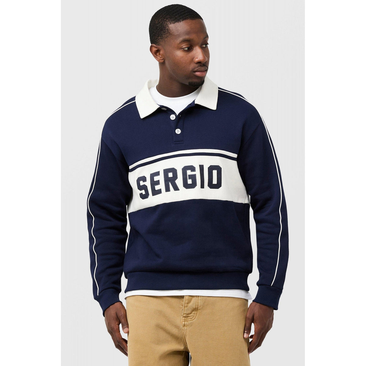 Sergio Tacchini | Vitelli 1339 Classic Rugby Contrast Long Sleeve Polo Top - Navy/Gardenia