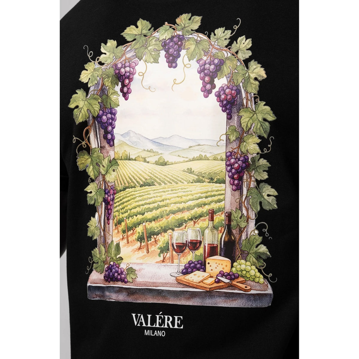 Valere Milano | Greco VM-346 Digital Grapes Vineyard Scenery Graphic Print Half Sleeve T-Shirt - Black