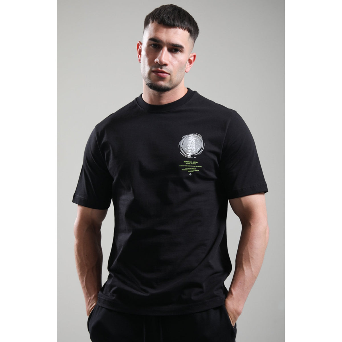 Marshall Artist | 1259 Space Face Rotating Vinyl Graphic Back Print Half Sleeve T-Shirt - Black