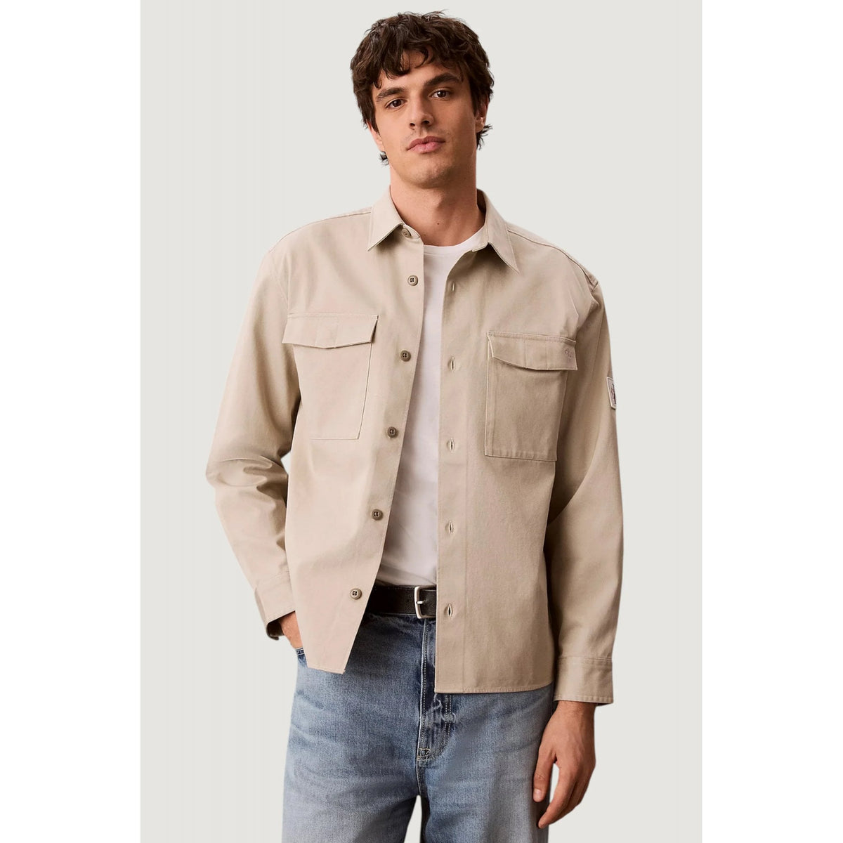 Calvin Klein Jeans | LV04RG121G Classic Collar Cotton Jersey Buttoned Overshirt Jacket - Beige