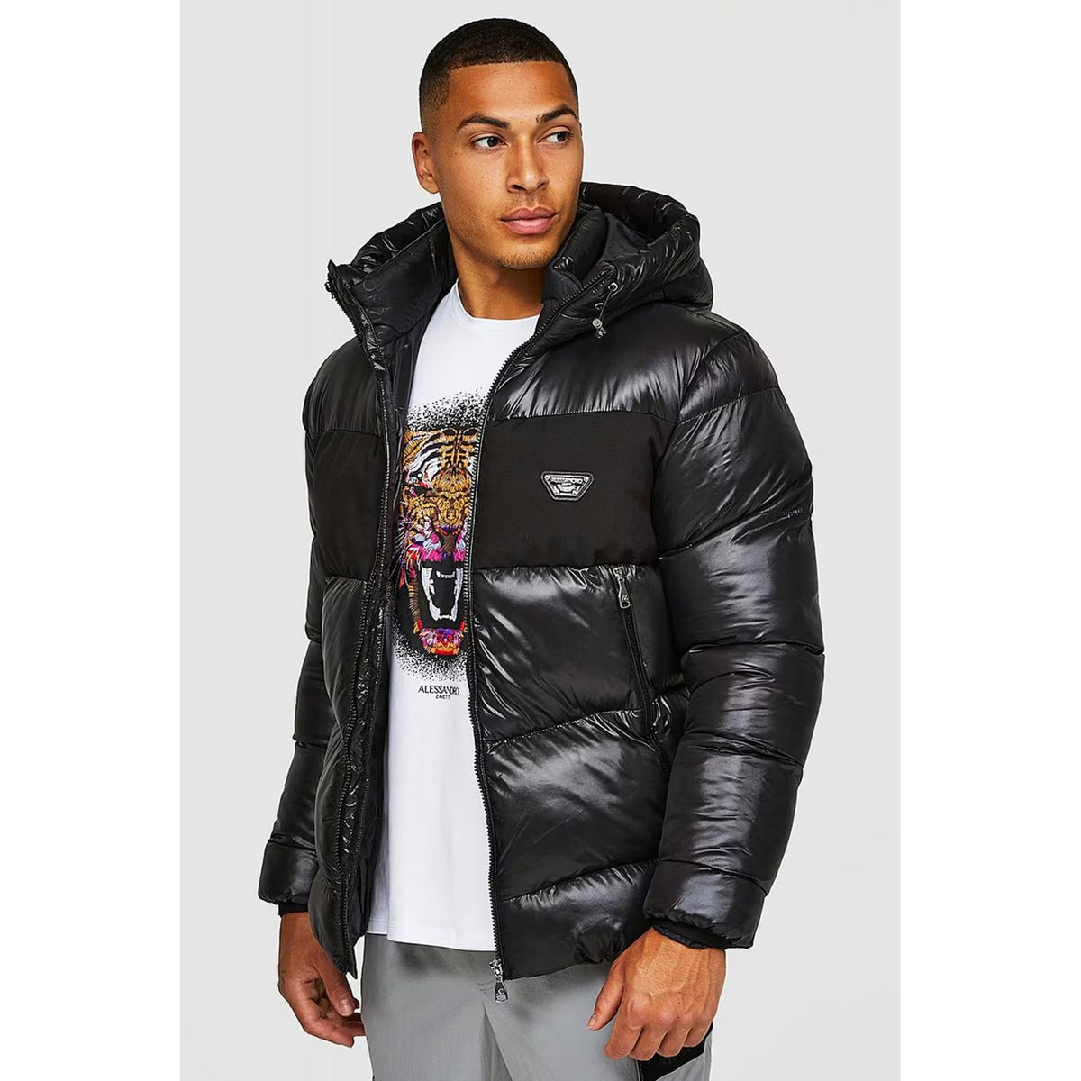 Alessandro Zavetti | AZ Catrio 2.0 Short Shiny Quilted Puffer Hood Jacket - Black