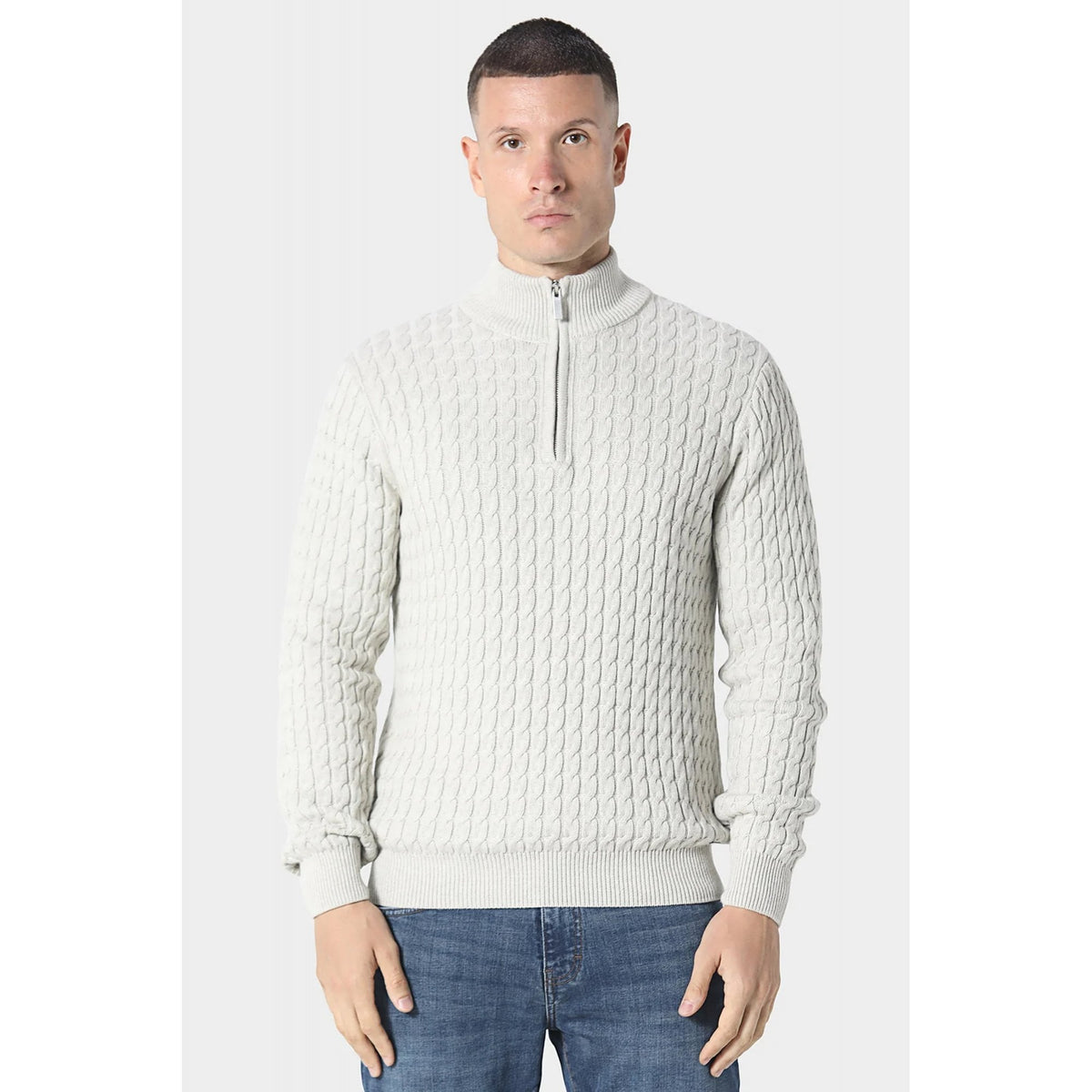 Police Portie 9940 1/4 Quarter Zip Ribbed Crew Cable-Knit Texture Detail Funnel Neck Jumper