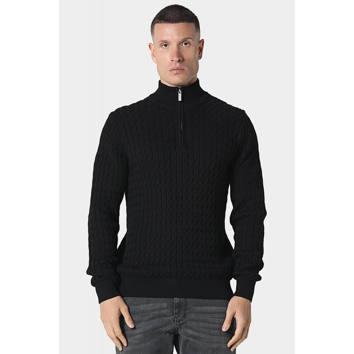 Police Portie 9940 1/4 Quarter Zip Ribbed Crew Cable-Knit Texture Detail Funnel Neck Jumper