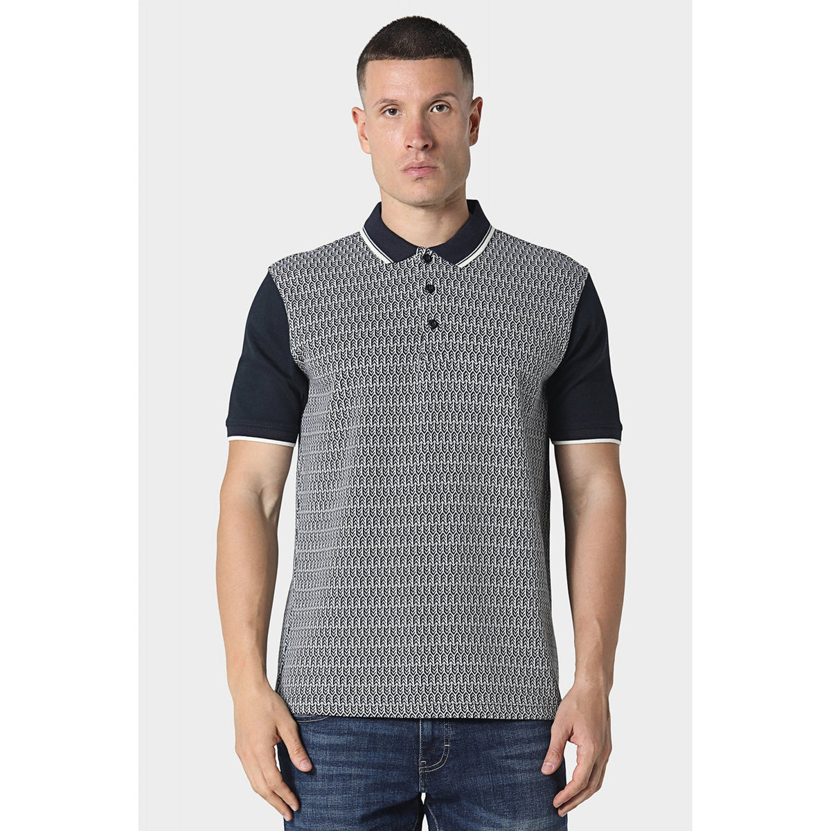 Police Lept 1421 Textured Geometric Print Tipped Collar Half Sleeve Polo T-Shirt - Navy