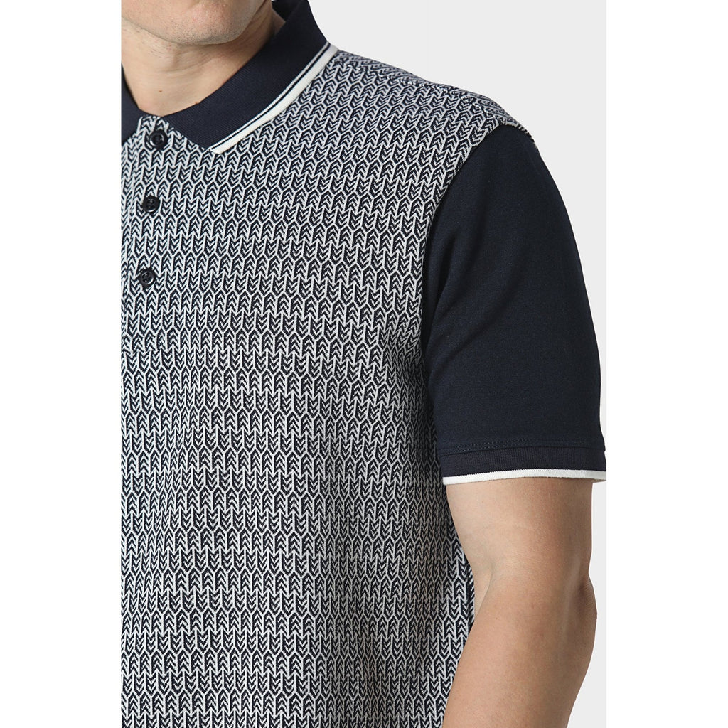 Police Lept 1421 Textured Geometric Print Tipped Collar Half Sleeve Polo T-Shirt - Navy
