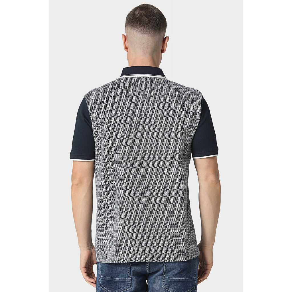 Police Lept 1421 Textured Geometric Print Tipped Collar Half Sleeve Polo T-Shirt - Navy