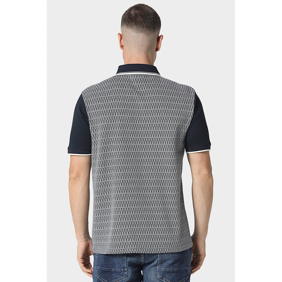 Police Lept 1421 Textured Geometric Print Tipped Collar Half Sleeve Polo T-Shirt - Navy