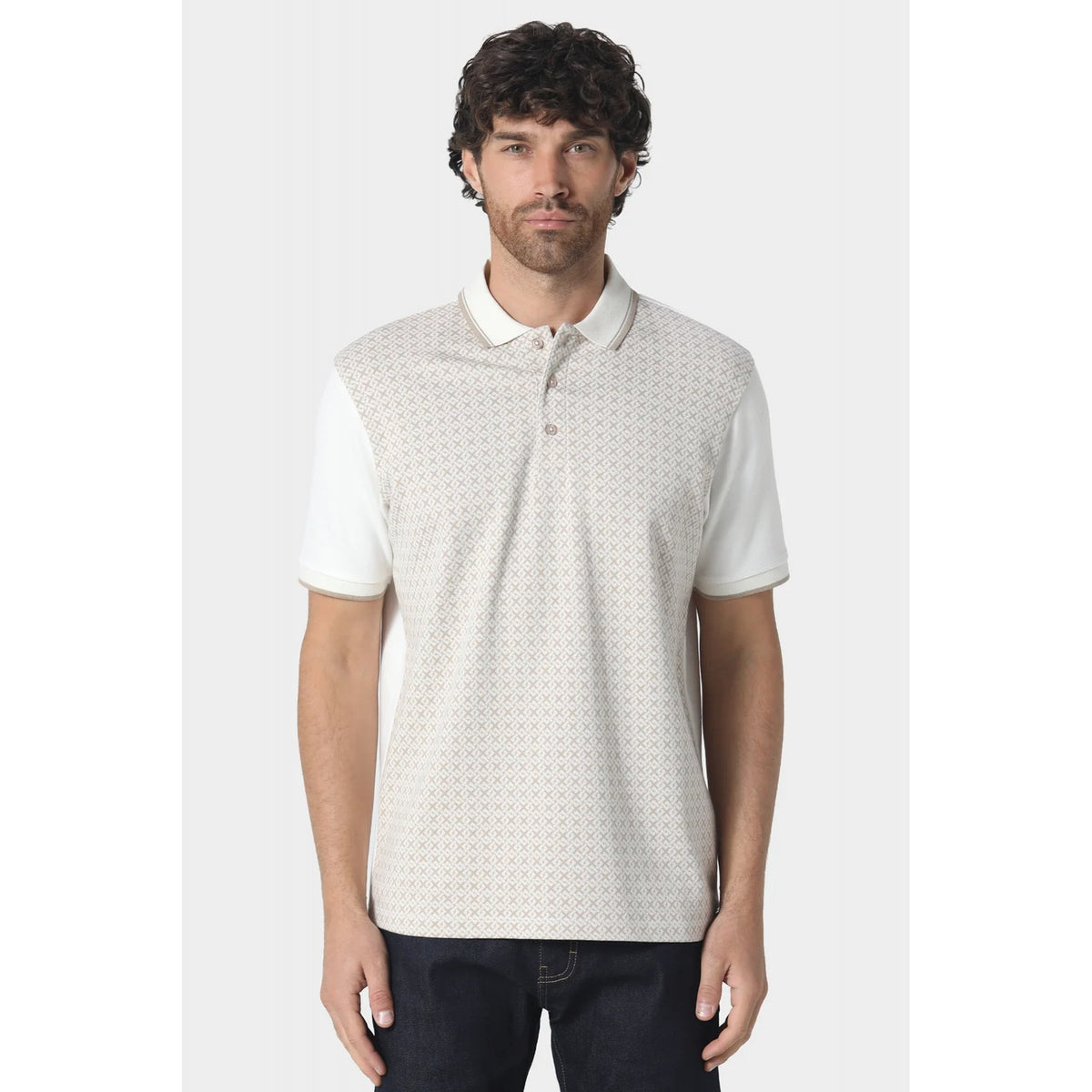 Police Aire 1421 Textured Geometric Print Tipped Collar Half Sleeve Polo T-Shirt - Chestnut Ecru