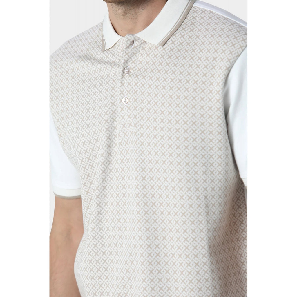 Police Aire 1421 Textured Geometric Print Tipped Collar Half Sleeve Polo T-Shirt - Chestnut Ecru